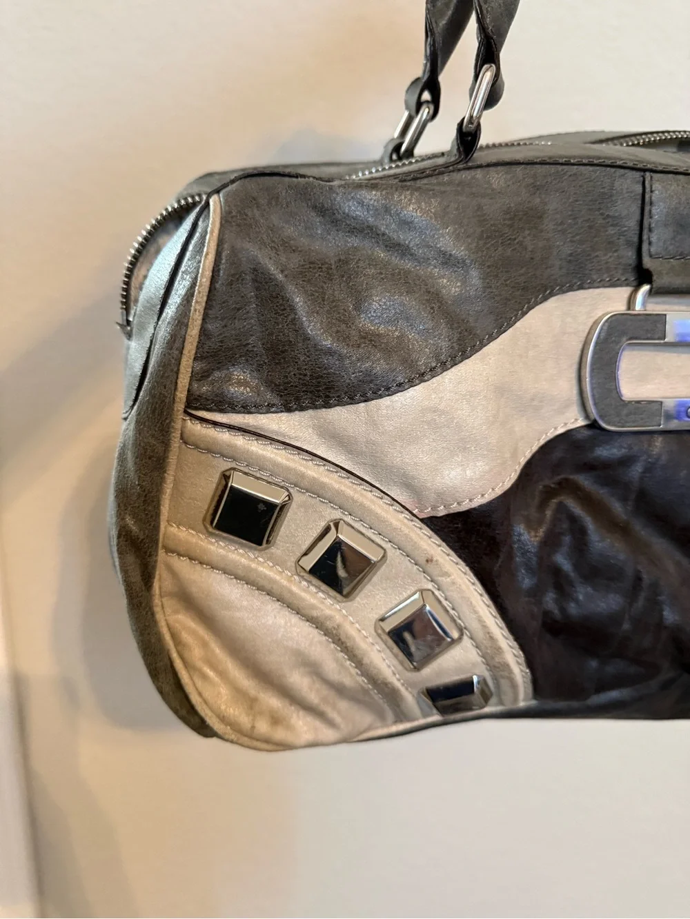 Guess | Y2k patchwork bowling satchel with silver tone studs